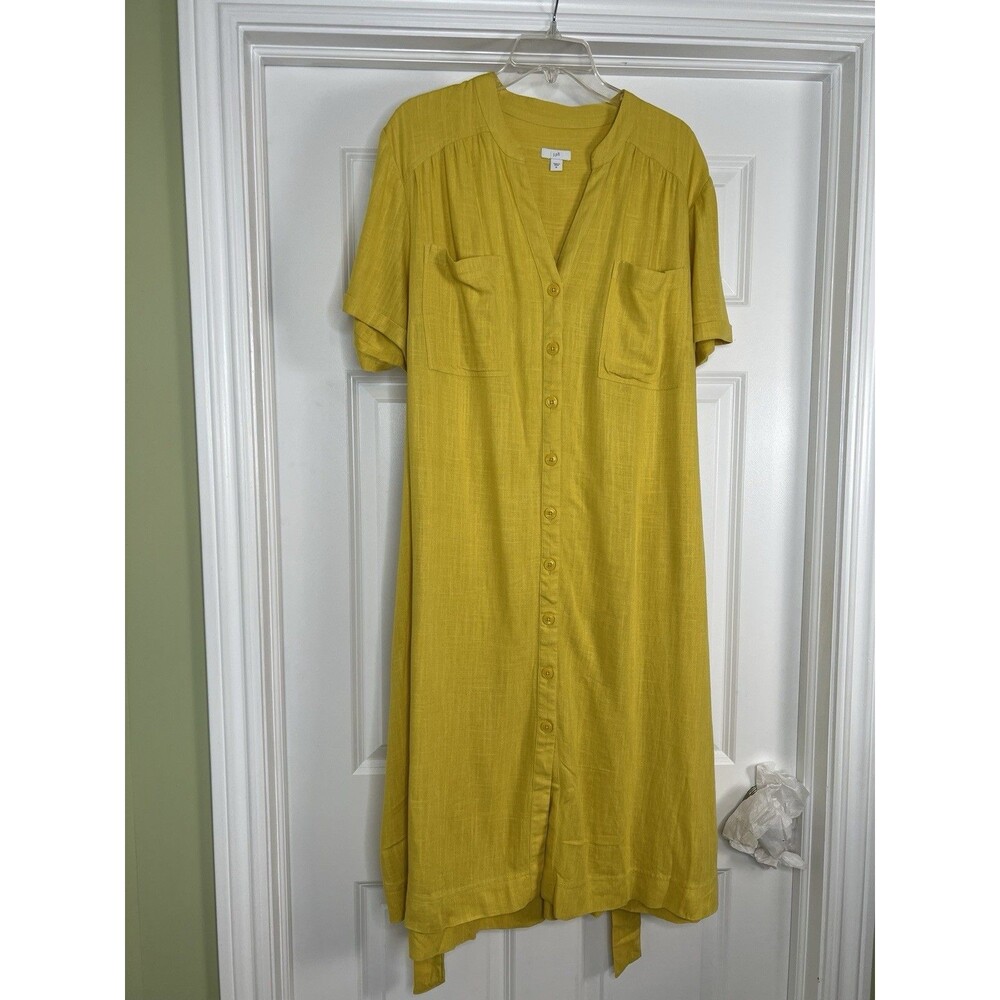 J Jill Shirt Dress XL Yellow Linen Blend Button Front Waist Tie Coastal Resort - Picture 6 of 11